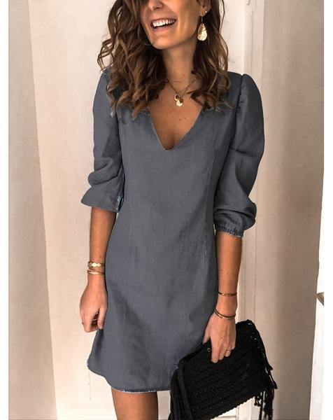 Vestido vaquero holgado de manga corta con cuello en V y tendón - MXbueno