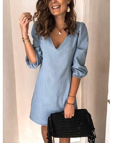 Vestido vaquero holgado de manga corta con cuello en V y tendón - MXbueno