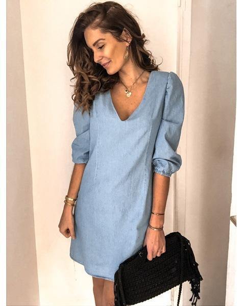 Vestido vaquero holgado de manga corta con cuello en V y tendón - MXbueno