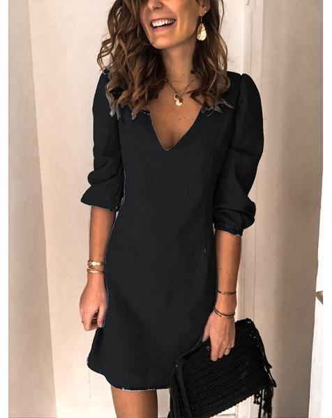 Vestido vaquero holgado de manga corta con cuello en V y tendón - MXbueno