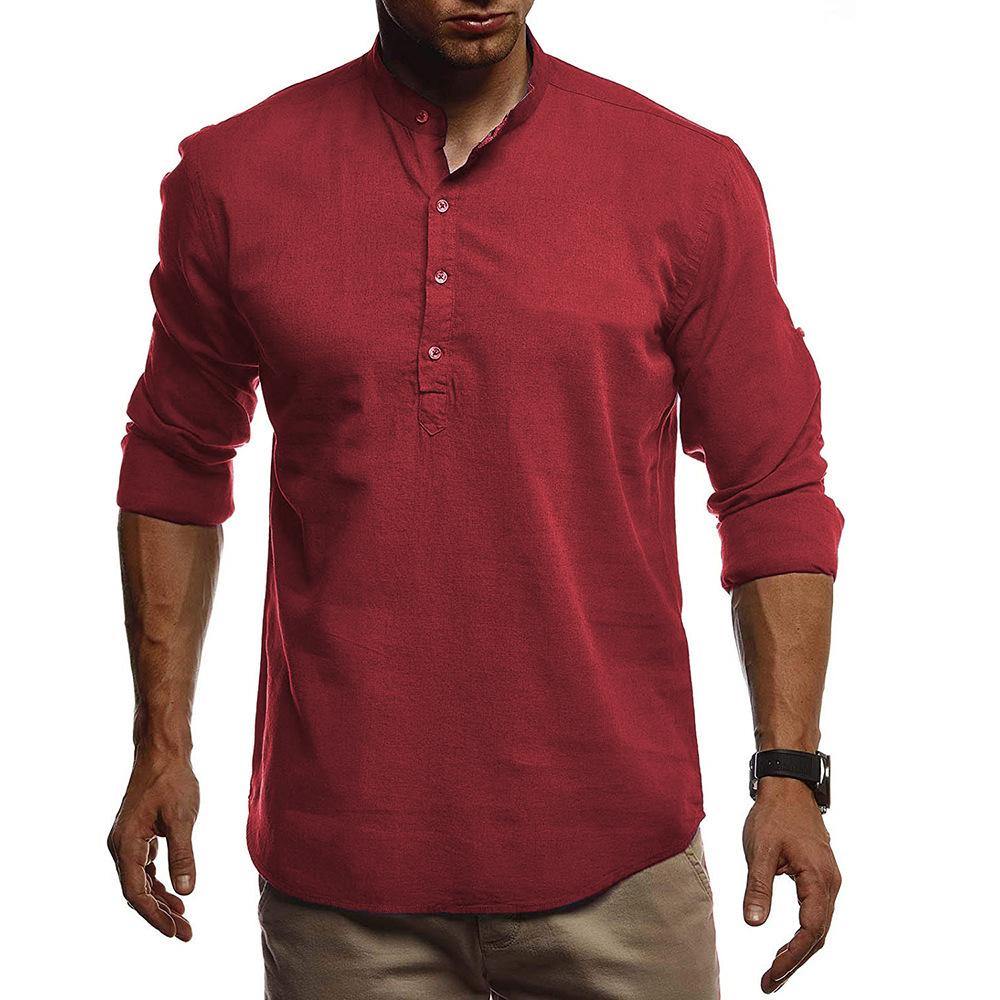 Camisa de algodón y lino de manga larga con cuello alto - MXbueno