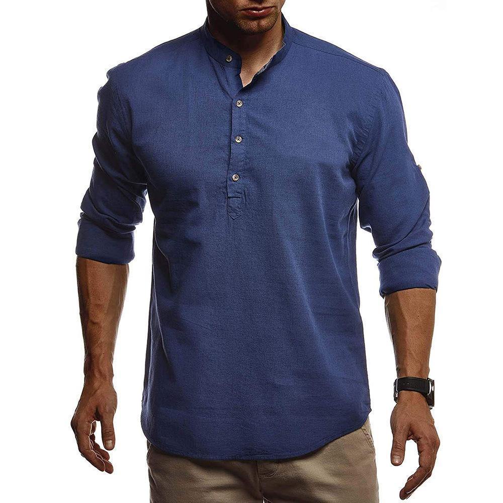 Camisa de algodón y lino de manga larga con cuello alto - MXbueno