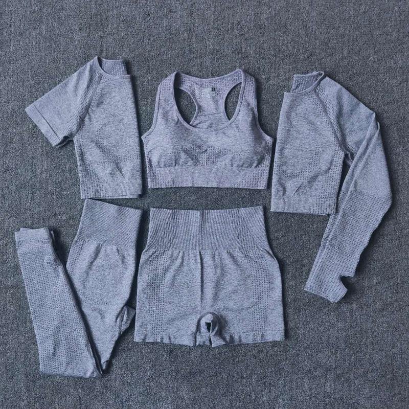 2/3/5PCS Seamless Women Yoga Set Workout Sportswear Gym Clothing Fitness Long Sleeve Crop Top High Waist Leggings Sports Suits - MXbueno