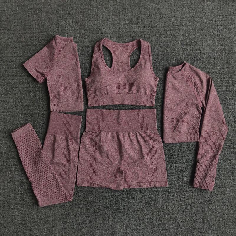 2/3/5PCS Seamless Women Yoga Set Workout Sportswear Gym Clothing Fitness Long Sleeve Crop Top High Waist Leggings Sports Suits - MXbueno