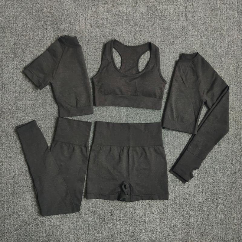 2/3/5PCS Seamless Women Yoga Set Workout Sportswear Gym Clothing Fitness Long Sleeve Crop Top High Waist Leggings Sports Suits - MXbueno