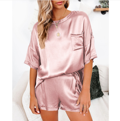 Traje de servicio a domicilio de pijamas de manga corta con cuello redondo y hombros caídos anti-seda de color puro