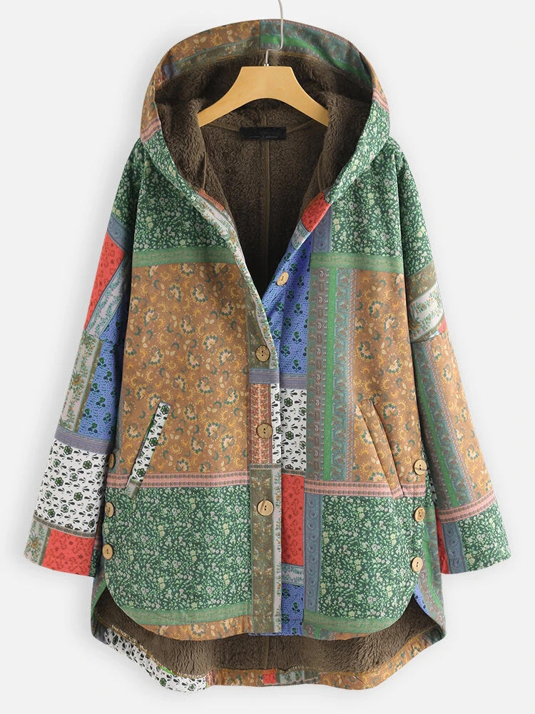 Chaqueta Acolchada De Estilo étnico Con Capucha Suelta Y Talla Grande Más Grueso De Terciopelo Para Mujer
