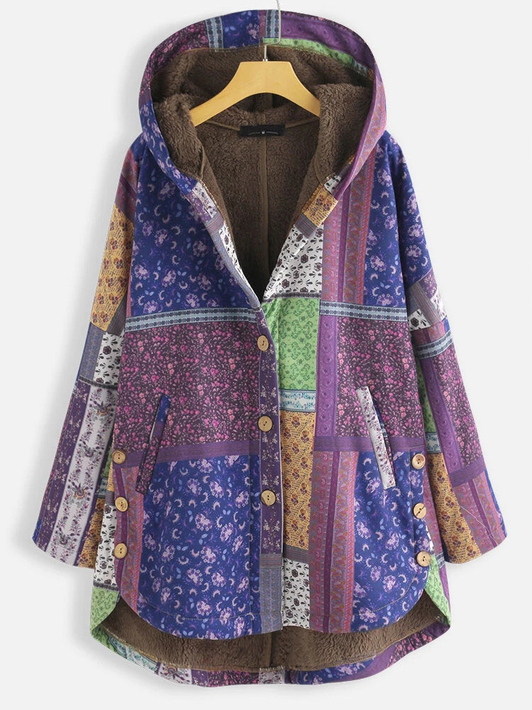 Chaqueta Acolchada De Estilo étnico Con Capucha Suelta Y Talla Grande Más Grueso De Terciopelo Para Mujer
