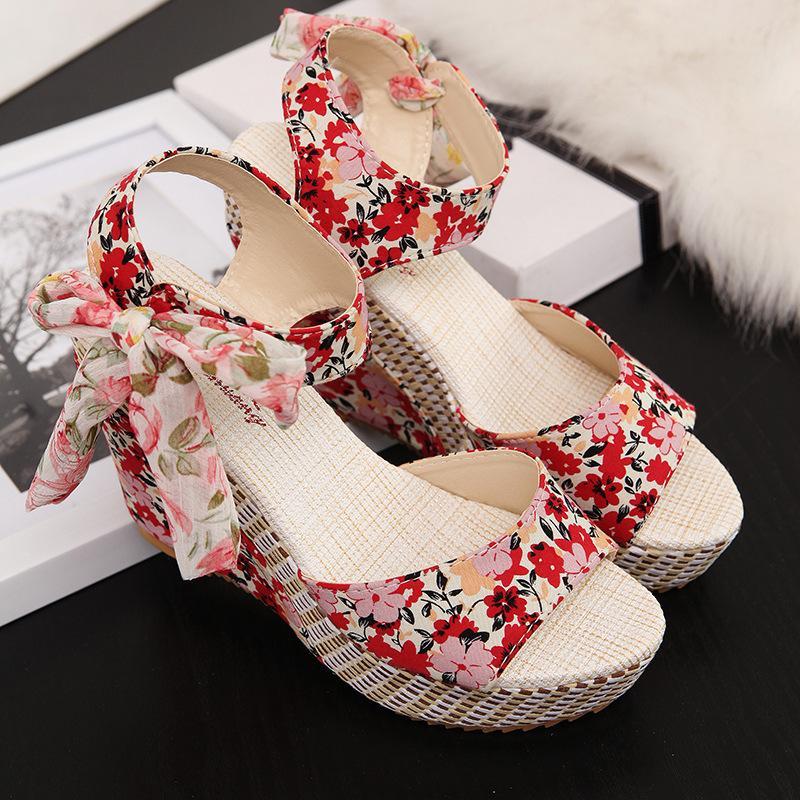 Sandalias de mujer de cintas de encaje con estampado de moda casual