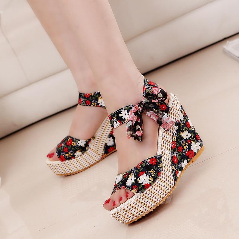 Sandalias de mujer de cintas de encaje con estampado de moda casual