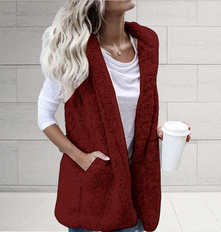 Chaleco De Bolsillo Con Capucha Y Sin Mangas De Color Sólido De Moda Para Mujer De Talla Grande Y Chaleco De Piel