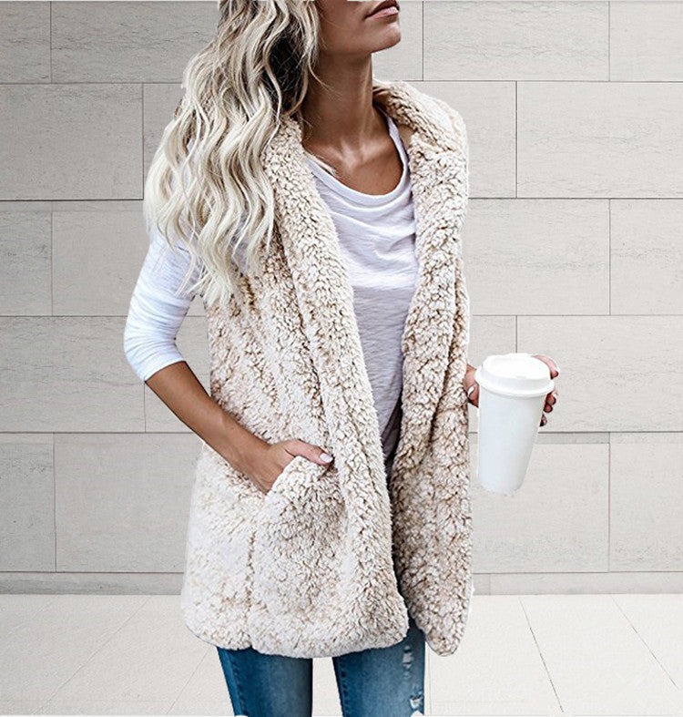 Chaleco De Bolsillo Con Capucha Y Sin Mangas De Color Sólido De Moda Para Mujer De Talla Grande Y Chaleco De Piel