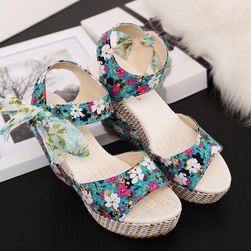 Sandalias de mujer de cintas de encaje con estampado de moda casual