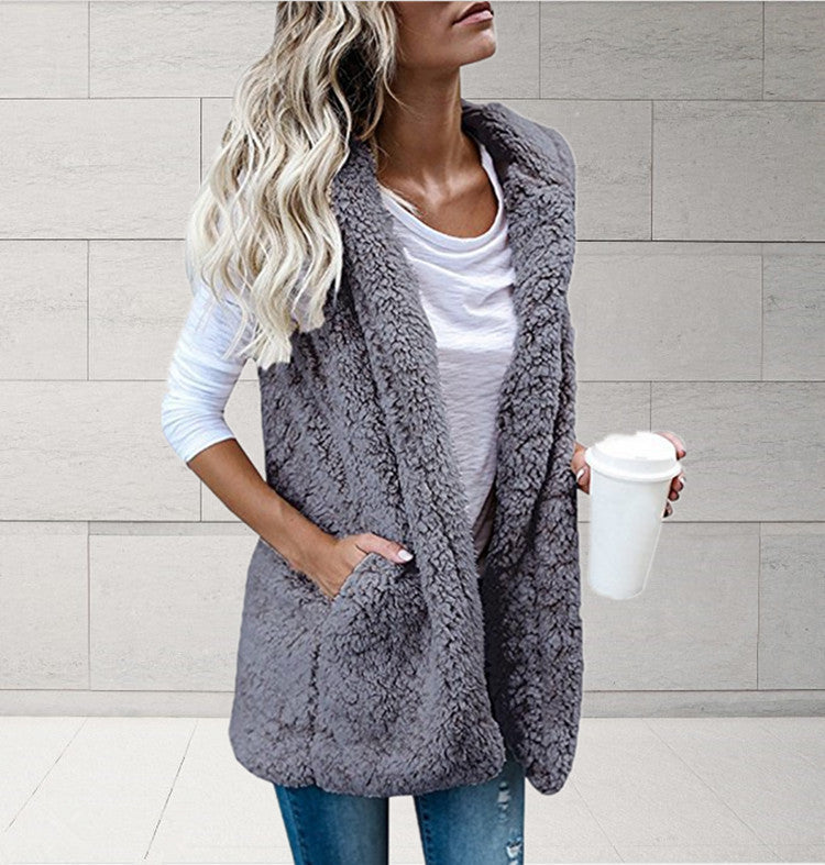 Chaleco De Bolsillo Con Capucha Y Sin Mangas De Color Sólido De Moda Para Mujer De Talla Grande Y Chaleco De Piel
