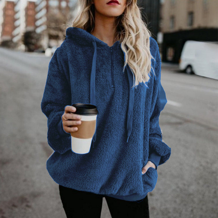 Chaqueta De Lana Con Capucha De Color Sólido Con Capucha Para Mujer