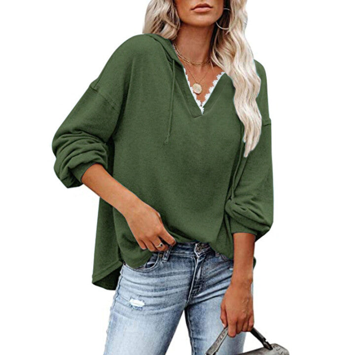 Sudadera Con Capucha Holgada Informal Con Cordones Y Cuello En V