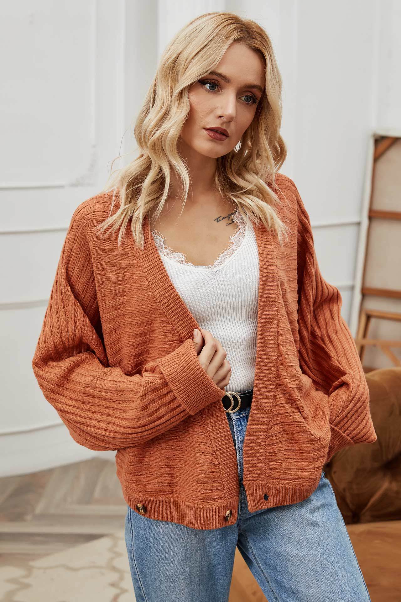 Abrigo De Suéter Cardigan De Punto De Color Sólido Informal De Un Solo Botón Suelto Y De Moda