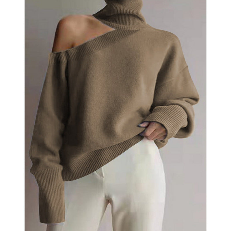 Invierno Cuello Alto Cuello Oblicuo Hombro Sin Tirantes Suéter Sexy Color Sólido Suéter De Punto Mujeres