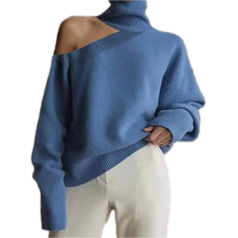 Invierno Cuello Alto Cuello Oblicuo Hombro Sin Tirantes Suéter Sexy Color Sólido Suéter De Punto Mujeres