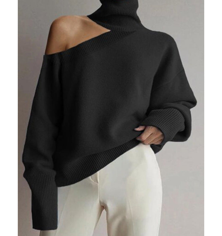 Invierno Cuello Alto Cuello Oblicuo Hombro Sin Tirantes Suéter Sexy Color Sólido Suéter De Punto Mujeres