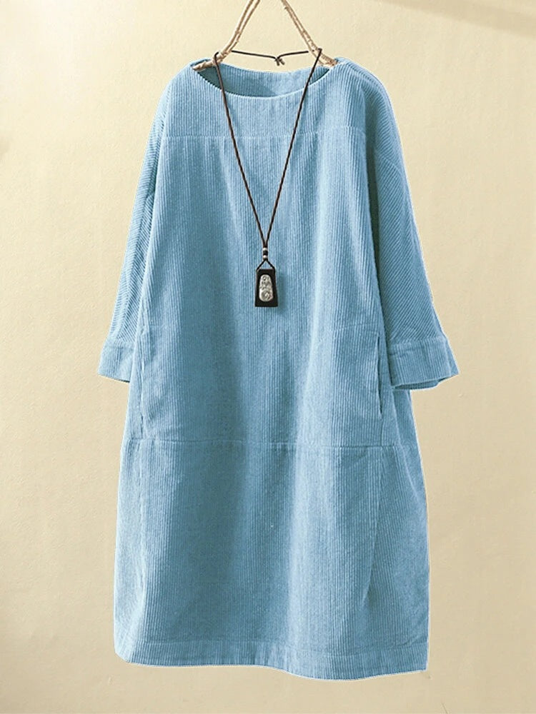 Vestido De Pana Holgado Con Cuello Redondo Y Manga Tres Cuartos
