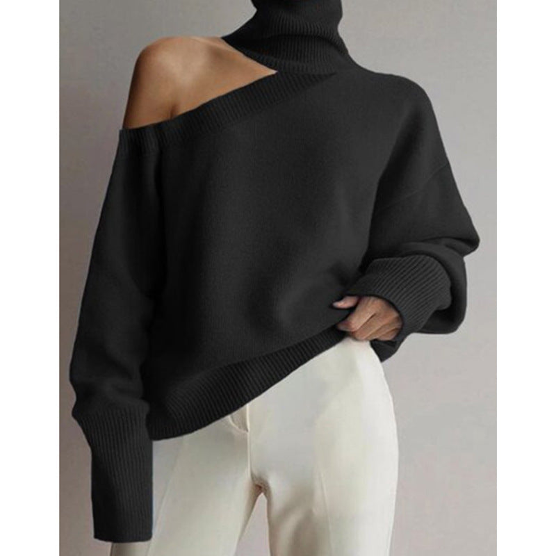 Invierno Cuello Alto Cuello Oblicuo Hombro Sin Tirantes Suéter Sexy Color Sólido Suéter De Punto Mujeres