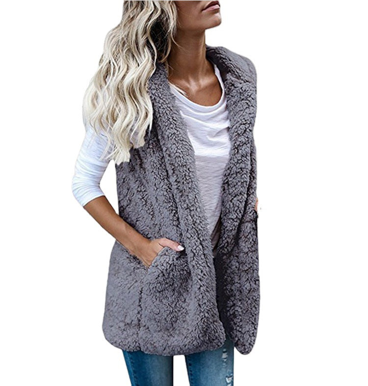 Chaleco De Bolsillo Con Capucha Y Sin Mangas De Color Sólido De Moda Para Mujer De Talla Grande Y Chaleco De Piel
