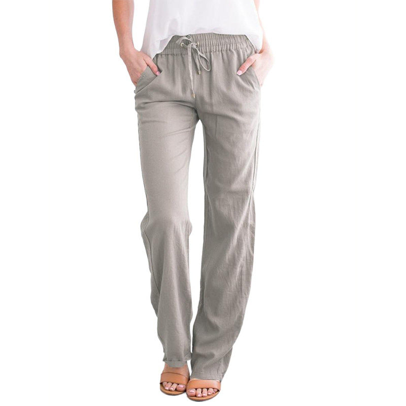 Pantalones Anchos Holgados De Algodón Y Lino Con Cordón