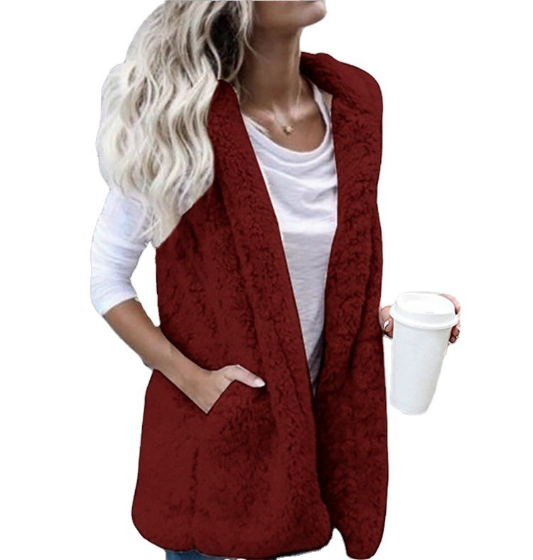 Chaleco De Bolsillo Con Capucha Y Sin Mangas De Color Sólido De Moda Para Mujer De Talla Grande Y Chaleco De Piel