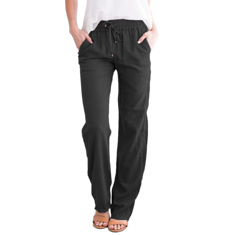 Pantalones Anchos Holgados De Algodón Y Lino Con Cordón