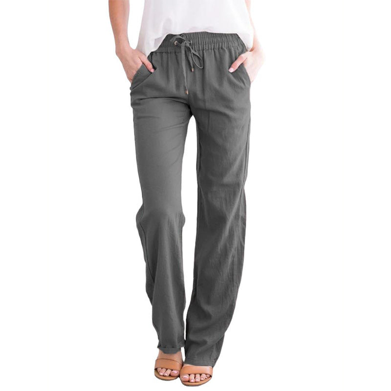 Pantalones Anchos Holgados De Algodón Y Lino Con Cordón