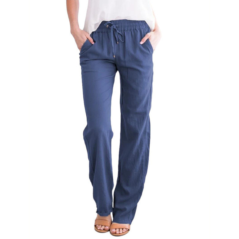 Pantalones Anchos Holgados De Algodón Y Lino Con Cordón