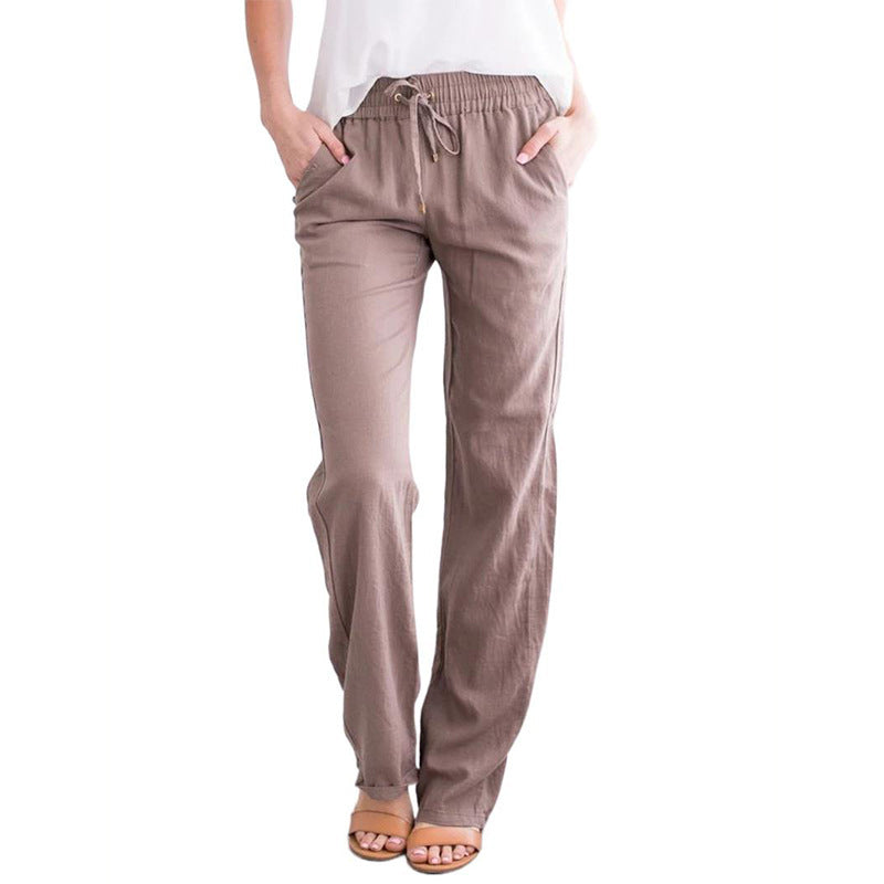Pantalones Anchos Holgados De Algodón Y Lino Con Cordón