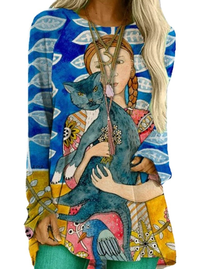 Top De Manga Larga Con Estampado Digital De Gato
