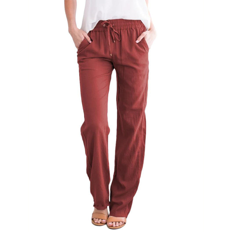Pantalones Anchos Holgados De Algodón Y Lino Con Cordón