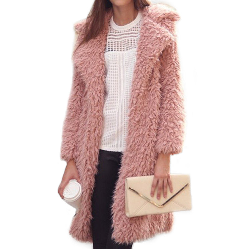 Gran Oferta Otoño E Invierno Abrigo De Lana De Color Sólido Abrigo De Lana De Longitud Media De Felpa Con Solapa Para Mujer