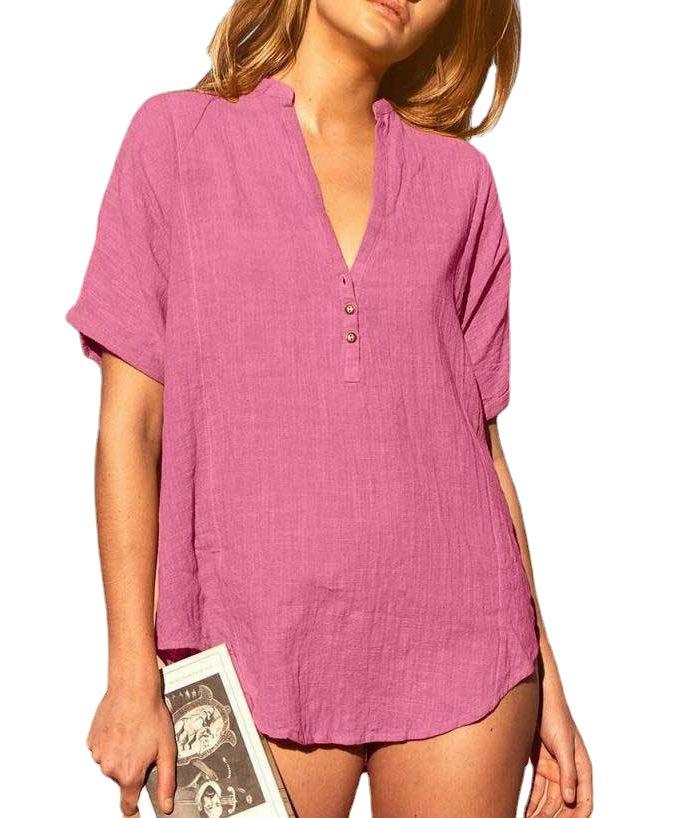 Camisa casual de algodón y lino en color liso para mujer