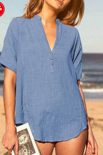 Camisa casual de algodón y lino en color liso para mujer