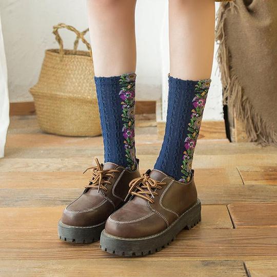 Calcetines Florales Bordados Vintage (5 Pares)