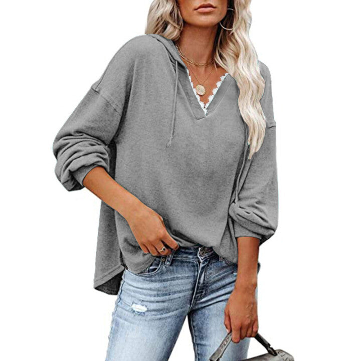 Sudadera Con Capucha Holgada Informal Con Cordones Y Cuello En V