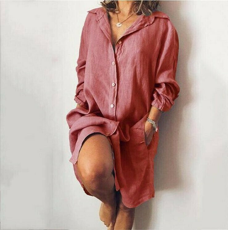 Vestido De Bolsillo De Camisa Larga Suelta Informal