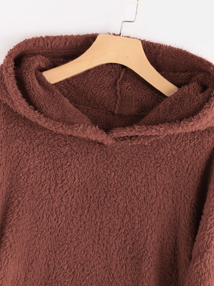 Suéter con capucha de color sólido de felpa suelta para mujer - MXbueno