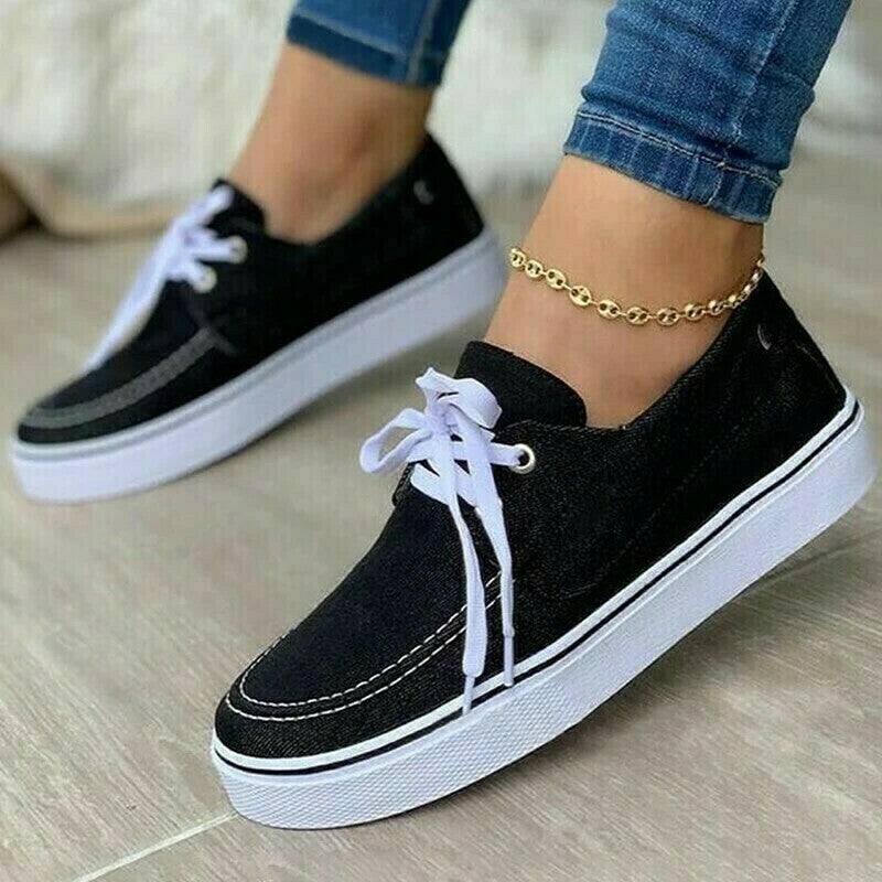 Zapatos Casuales Con Cordones De Lona De Color Puro Para Mujer
