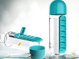 Botella de agua con taza de agua creativa con caja de medicina portátil de siete días