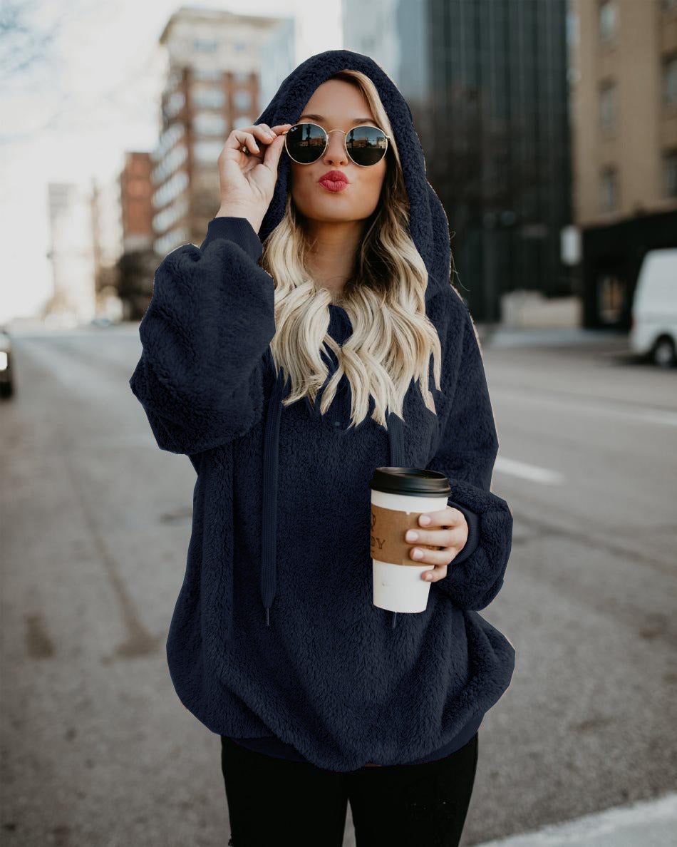 Chaqueta De Lana Con Capucha De Color Sólido Con Capucha Para Mujer