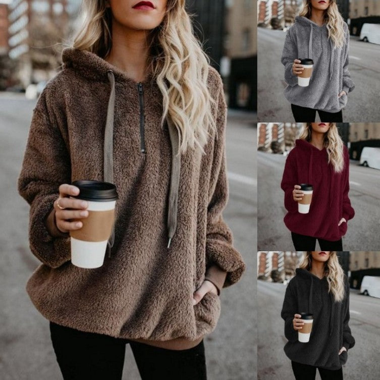Chaqueta De Lana Con Capucha De Color Sólido Con Capucha Para Mujer