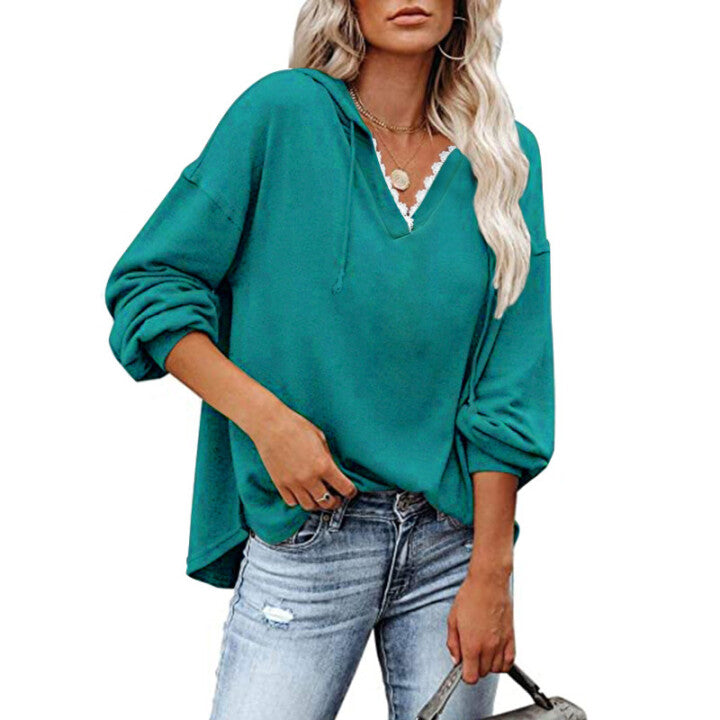 Sudadera Con Capucha Holgada Informal Con Cordones Y Cuello En V