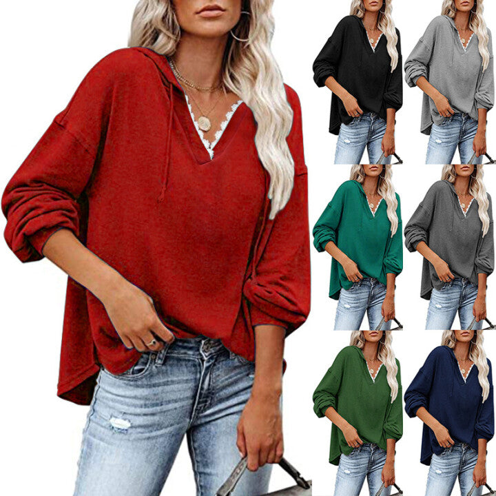 Sudadera Con Capucha Holgada Informal Con Cordones Y Cuello En V
