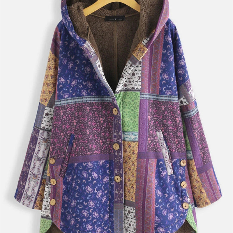 Chaqueta Acolchada De Estilo étnico Con Capucha Suelta Y Talla Grande Más Grueso De Terciopelo Para Mujer