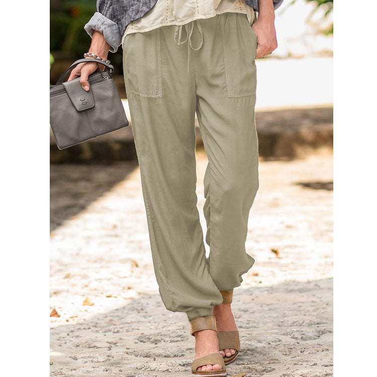 Pantalones De Bolsillo Elásticos Con Cordón De Color Liso